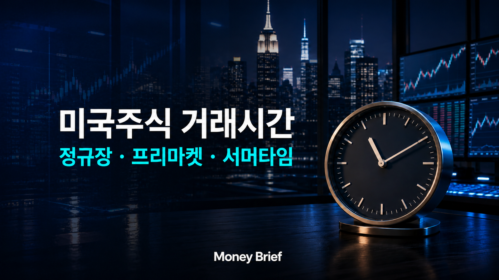 미국주식 거래시간과 정규장 프리마켓 서머타임을 보여주는 Money Brief 대표 이미지